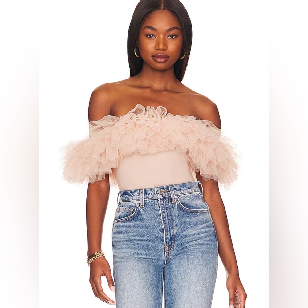 NWOT Free people Big Love tulle off the shoulder Bodysuit in Dusty Pink.